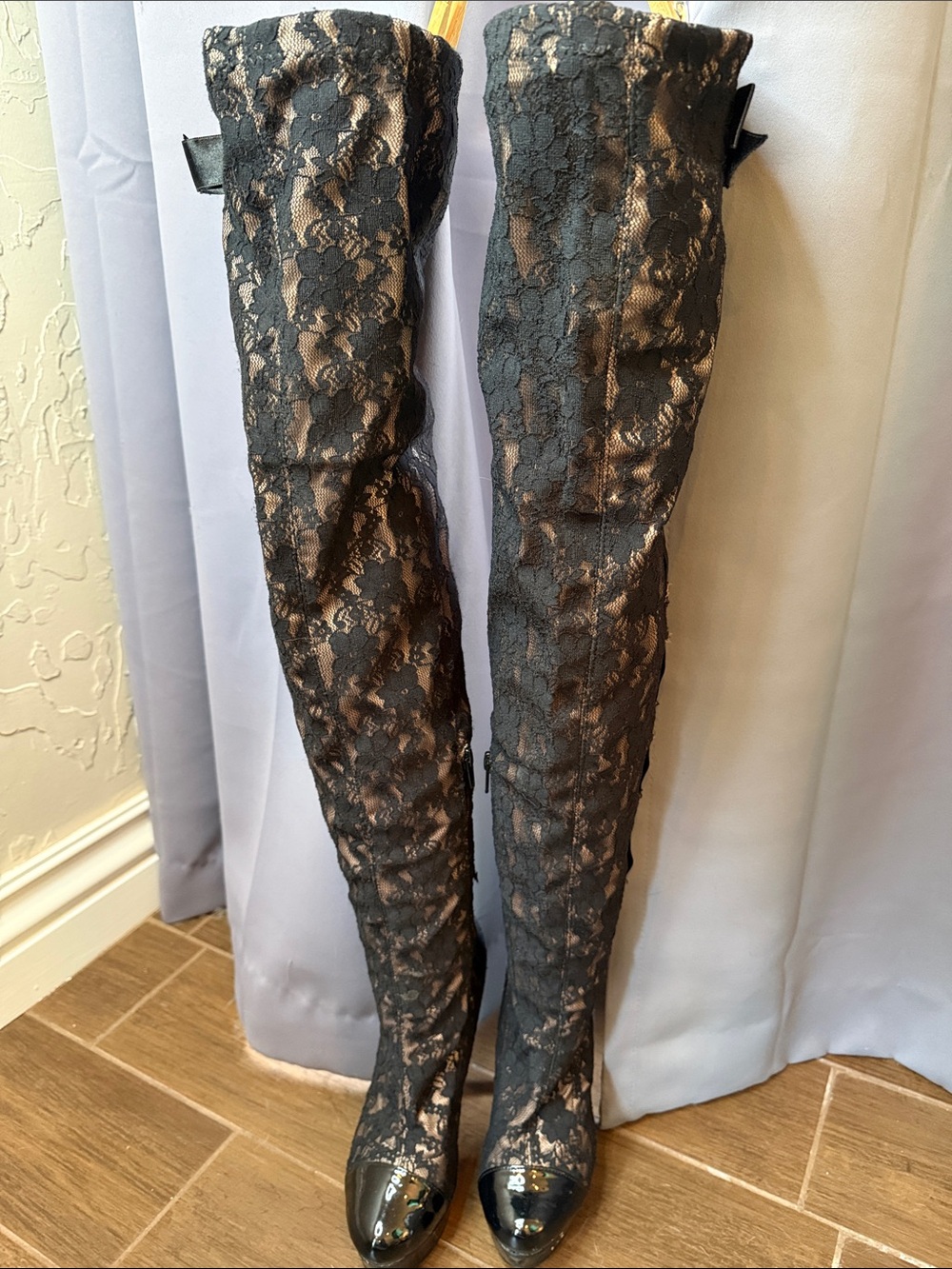 Colin Stuart Black Lace Over-the-Knee Boots with Patent Toe